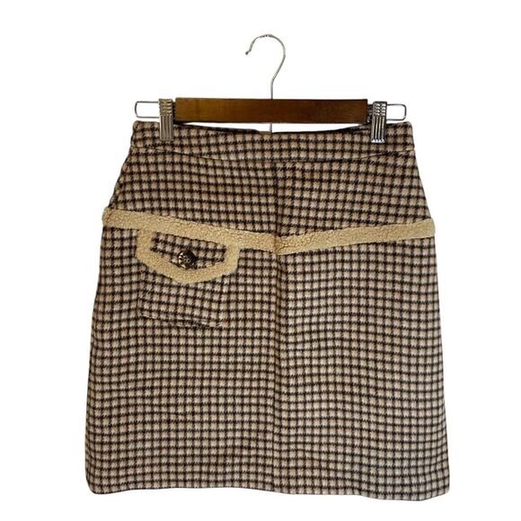 Petite Studio NYCBeige Brown Plaid Wool Skirt XSA-Line Academia Preppy